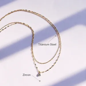 Double-layer 18K gold plated titanium steel necklace with a round zircon pendant
