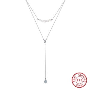925 Sterling Silver Double Layer Necklace With Artificial Pearls And Water Drop Zircon Y Pendant For Women Elegant Party Jewelry
