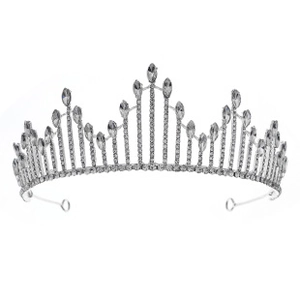 Detailed view of silver bridal crown with intricate cubic zirconia and pointed top tips
