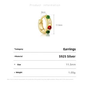 Detail view of gold S925 silver earring with colorful zircons and size annotations