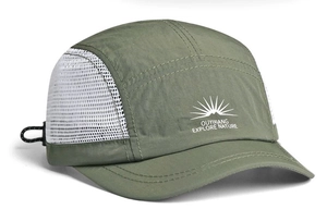 Detail of five-panel outdoor hat showing breathable mesh and adjustable drawcord
