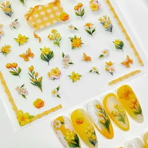 5D embossed floral nail stickers featuring yellow daisies and butterflies, model TS-3217