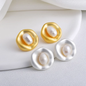 Baroque Natural Freshwater Pearl Stud Earrings Irregular Geometric Matte Copper Vintage French Style For Women