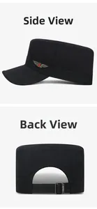 Détails de la broderie étoile et boucle métallique réglable sur une casquette militaire noire
