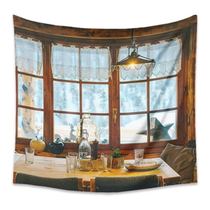 Detail of bohemian tapestry showing a cozy cabin dining room with snowy forest window view