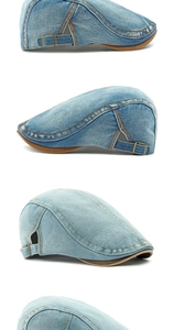Detailed view of denim beret hats showing adjustable metal buckles and stitching details