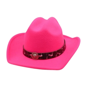 Ethnic rose pink western cowboy felt hat with lion head silver buckle decoration