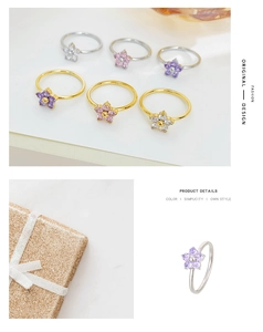 Detail view of flower rings with colorful teardrop zircon petals in gold and silver bands