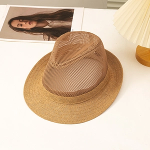 Men's breathable mesh straw fedora hat in light brown with a classic curved brim