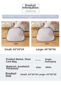 Macro view of double-layered mesh laundry bag for shoes showing zippers and size options