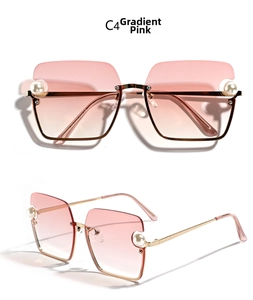 Detail of square metal sunglasses with gradient pink lenses and pearl temple accents