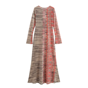 Robe midi moulante imprimée française à manches longues en mesh extensible rouge et beige