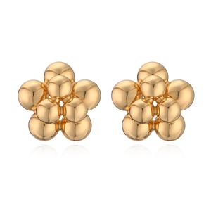 Golden flower stud earrings crafted from metal beads with a reflective finish
