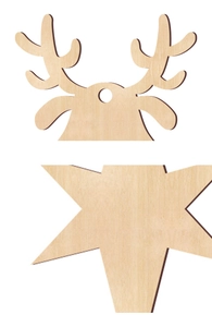 Detailed view of unfinished wooden reindeer and star-shaped Christmas hanging ornaments