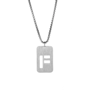 Close-up of silver titanium steel hollow rectangular pendant with letter F and box chain
