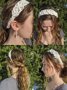 Detailed views of white hand-woven cotton headband showing texture on model