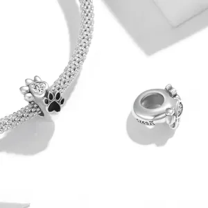 S925 sterling silver cat paw print bead with heart zircon and black enamel finish