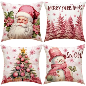Set of 4 pink Christmas linen pillow covers with Santa, tree, and reindeer patterns