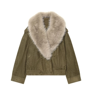 Women's olive green short faux fur jacket with suede texture and large beige collar