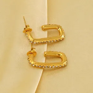 Geometric U-Shaped Stud Earrings Gold Plated Stainless Steel Inlaid Zircon Rectangular Elegant Fashion Jewelry For Women
