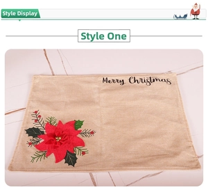 Detail of linen Christmas placemat with red poinsettia applique and Merry Christmas text