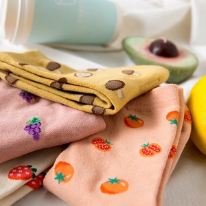 Japanese style cotton crew socks with fruit and vegetable patterns in assorted colors