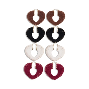 Vintage knitted hollow heart earrings in brown, black, white, and wine red