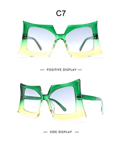 Detail view showing front and side of gradient green square oversized sunglasses