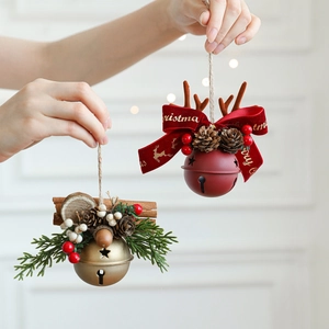 Christmas bells with antlers, pine cones, and red ribbons for tree and window decor