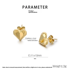 Detailed specs of 18k gold plated heart studs showing 11x10mm size and stainless steel material