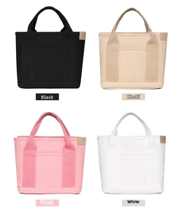 Collage of canvas tote bags in black, khaki, pink, and white with front pockets and handles