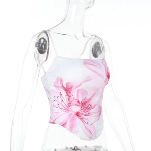 Detailed view of floral corset top featuring pink blooms and structured fishbone stitching
