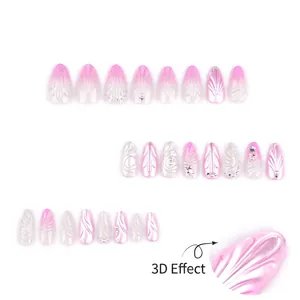 3D pink gradient press-on nails with pearl accents and shell texture short false nails