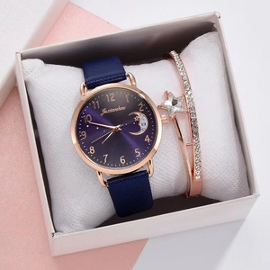 Fashion Women Quartz Watch And Crystal Bracelet Moon Star Pattern Rose Gold Alloy Case Faux Leather Strap Elegant Jewelry