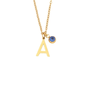 Minimalist gold stainless steel necklace featuring letter A and blue evil eye pendant