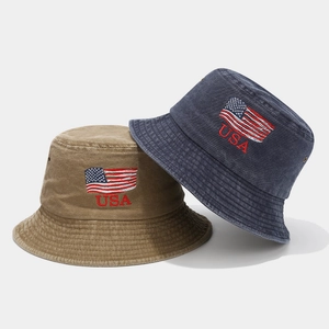 Vintage washed cotton bucket hats with USA flag embroidery in navy blue and khaki