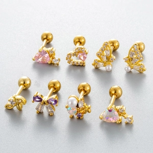 7Pcs gold plated butterfly and heart cartilage studs with zirconia and pearl insets