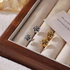Retro rose flower stud earrings in gold and silver finish with textured steel petals