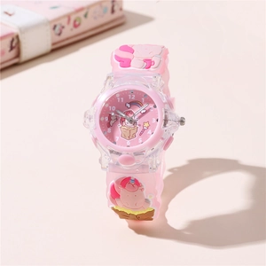 Detail view of pink silicone children watch with unicorn 3D relief and clear numeric dial