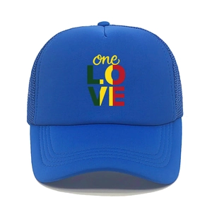 Front detail of royal blue trucker hat with one love print and breathable mesh