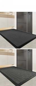 Detailed view of black striped and woven polypropylene entry mats with non-slip rubber base