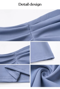 Détails du haut en tricot bleu avec décolleté plissé et finitions de couture de qualité