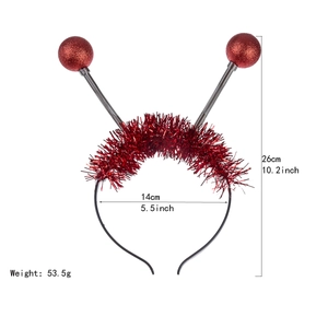 Detail showing red glitter alien headband with 26cm height and 53.5g weight specs