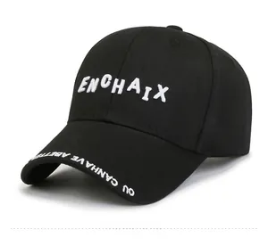 Detail of embroidered letters on black cotton baseball cap side and front