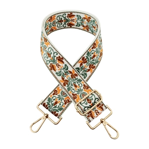 Ethnic embroidered wide bag strap with floral jacquard pattern and gold lobster clasps