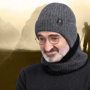 Winter thermal knit hat and neck warmer set for men with ear protection in grey