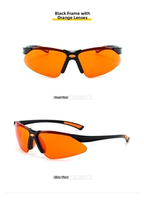 Detail view of black frame cycling sunglasses with orange translucent lenses and side grips