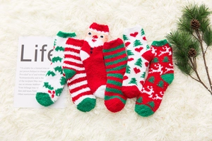 Detail of 6 pairs of thick thermal coral fleece Christmas socks with festive patterns
