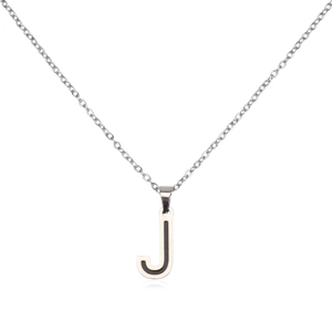 Detailed close-up of a silver-toned letter J pendant with black center and box chain link