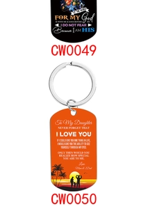 Detail view of printed stainless steel keychains with heartfelt messages to daughter